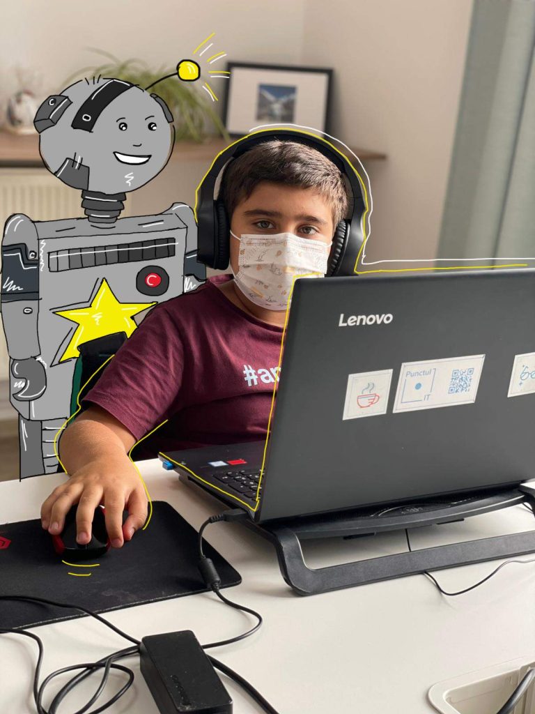 Copil lucrând la laptop, alături de ilustrația unui robot