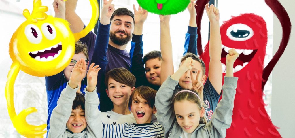Robert și un grup de copii, cu personaje colorate ilustrate