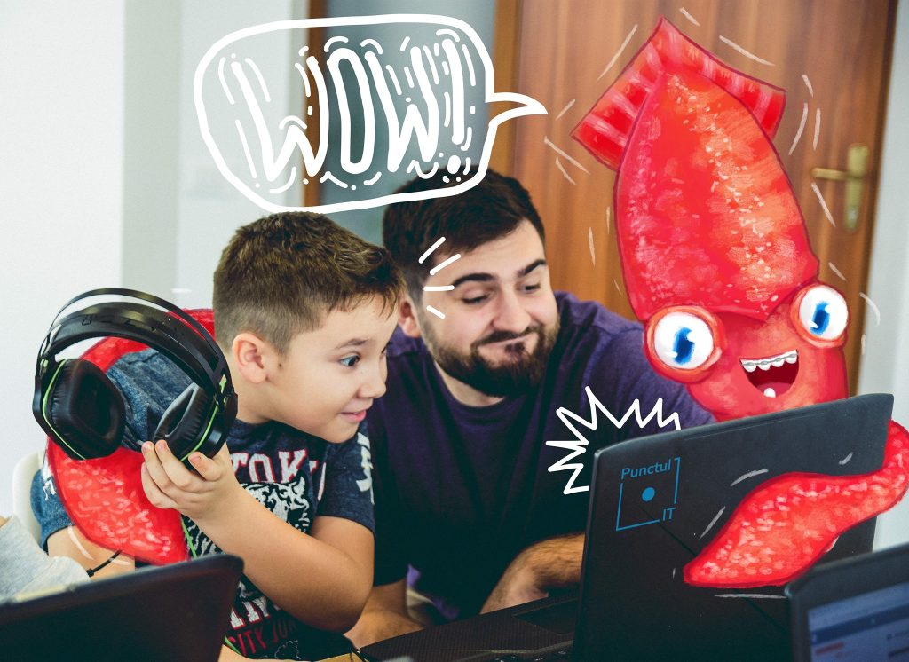 Copil și profesor lucrând la laptop, cu ilustrația unei caracatițe roșii